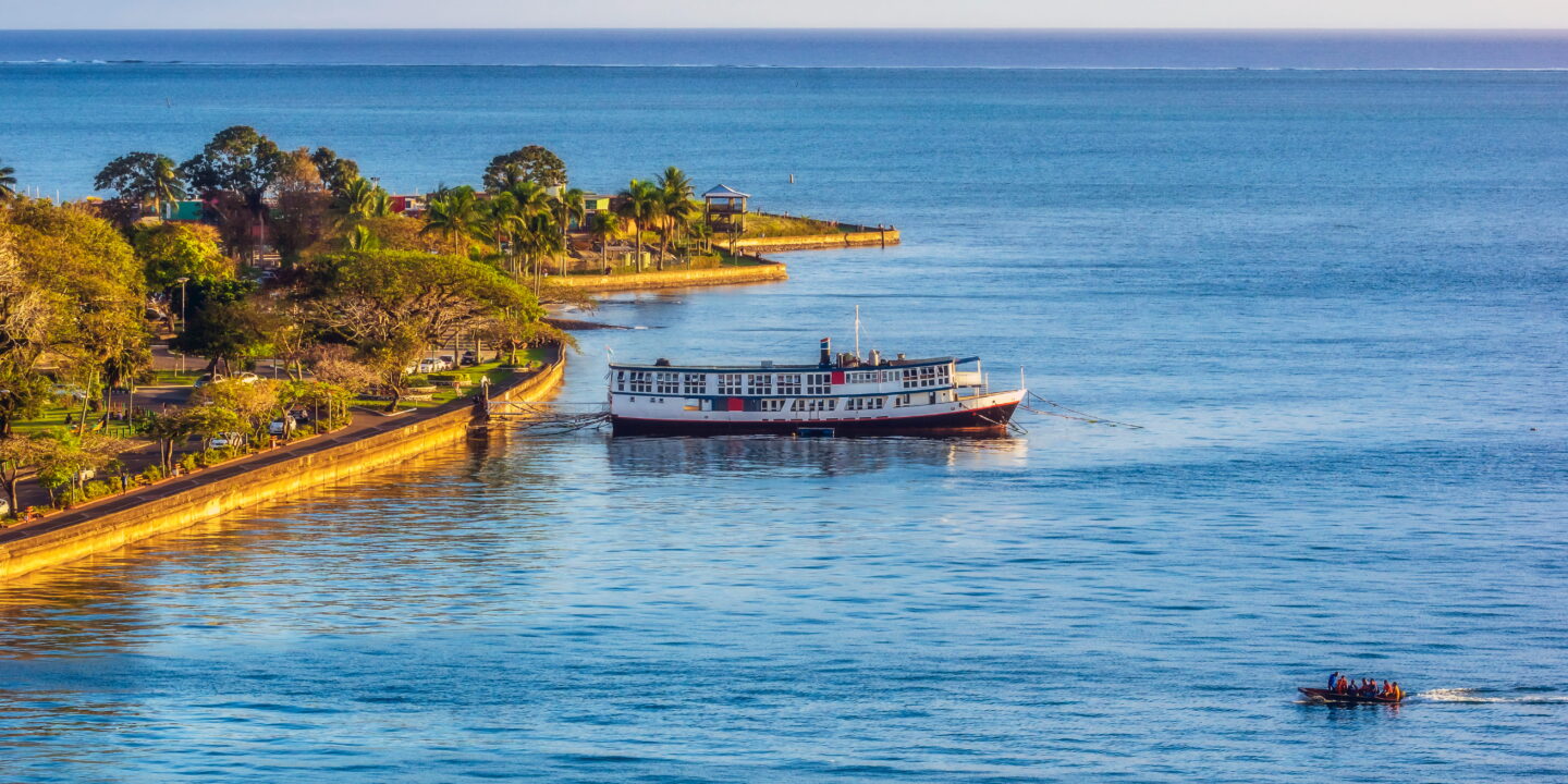 A ferry boat moored off the harbour area in Suva, Fiji.