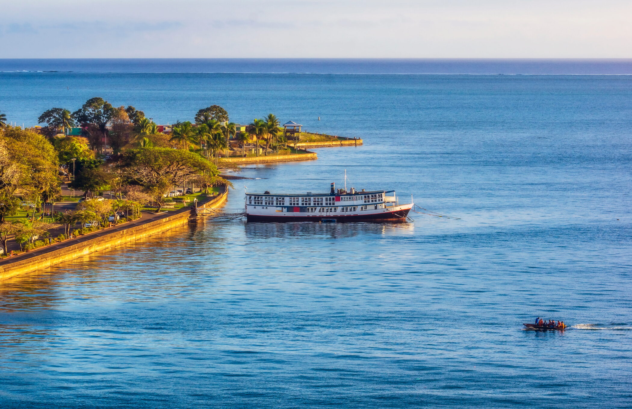 A ferry boat moored off the harbour area in Suva, Fiji.