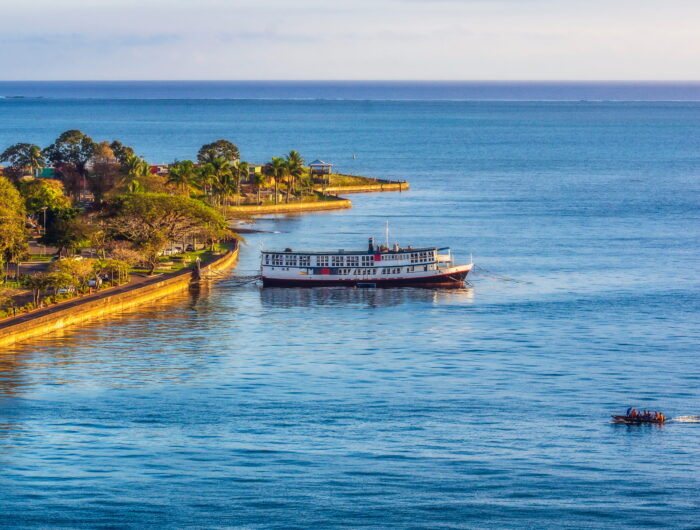 A ferry boat moored off the harbour area in Suva, Fiji.